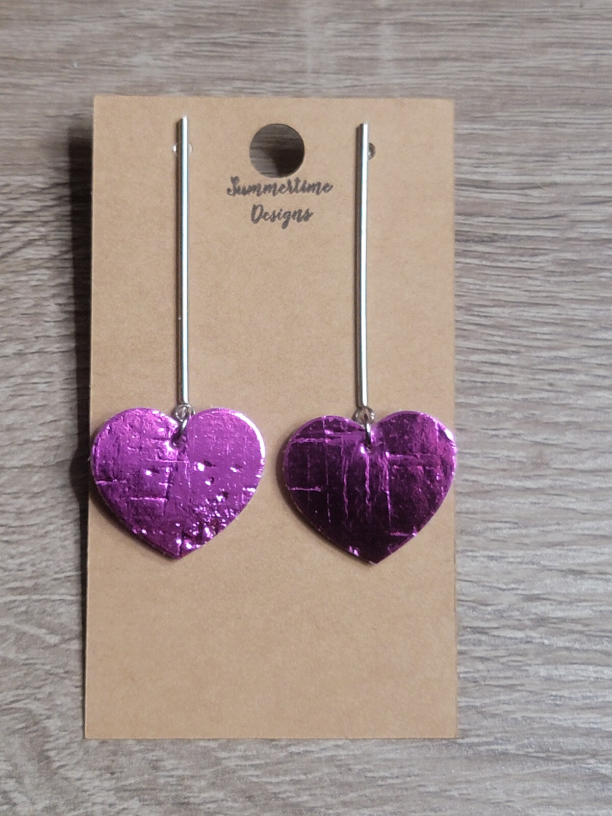 GENUINE Leather Backed Cork Heart Earrings Metallic Magenta 2″
