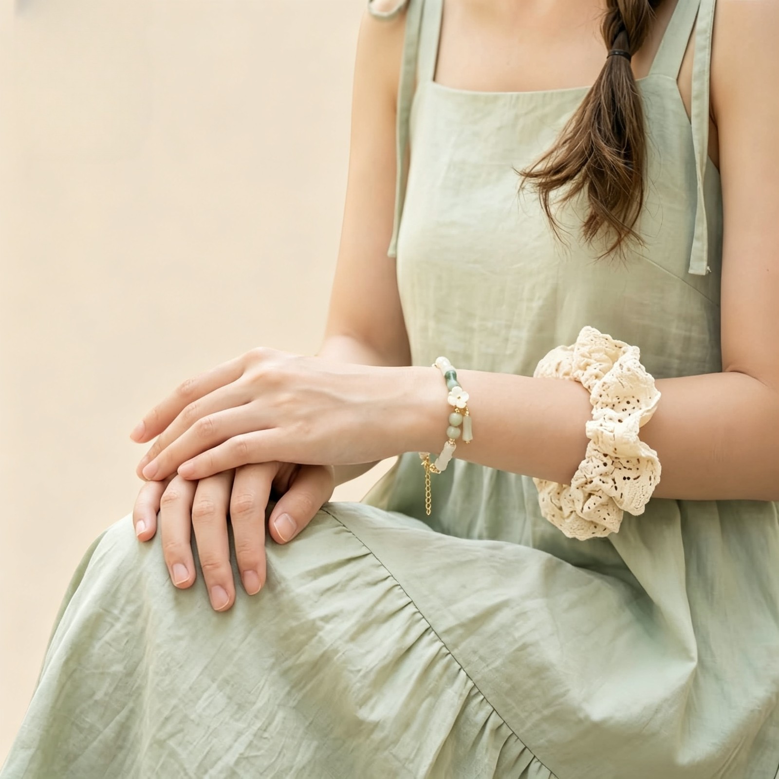 Genuine Hetian Jade Bracelet Bamboo Style Mother of Pearl Flower Gold Plated
