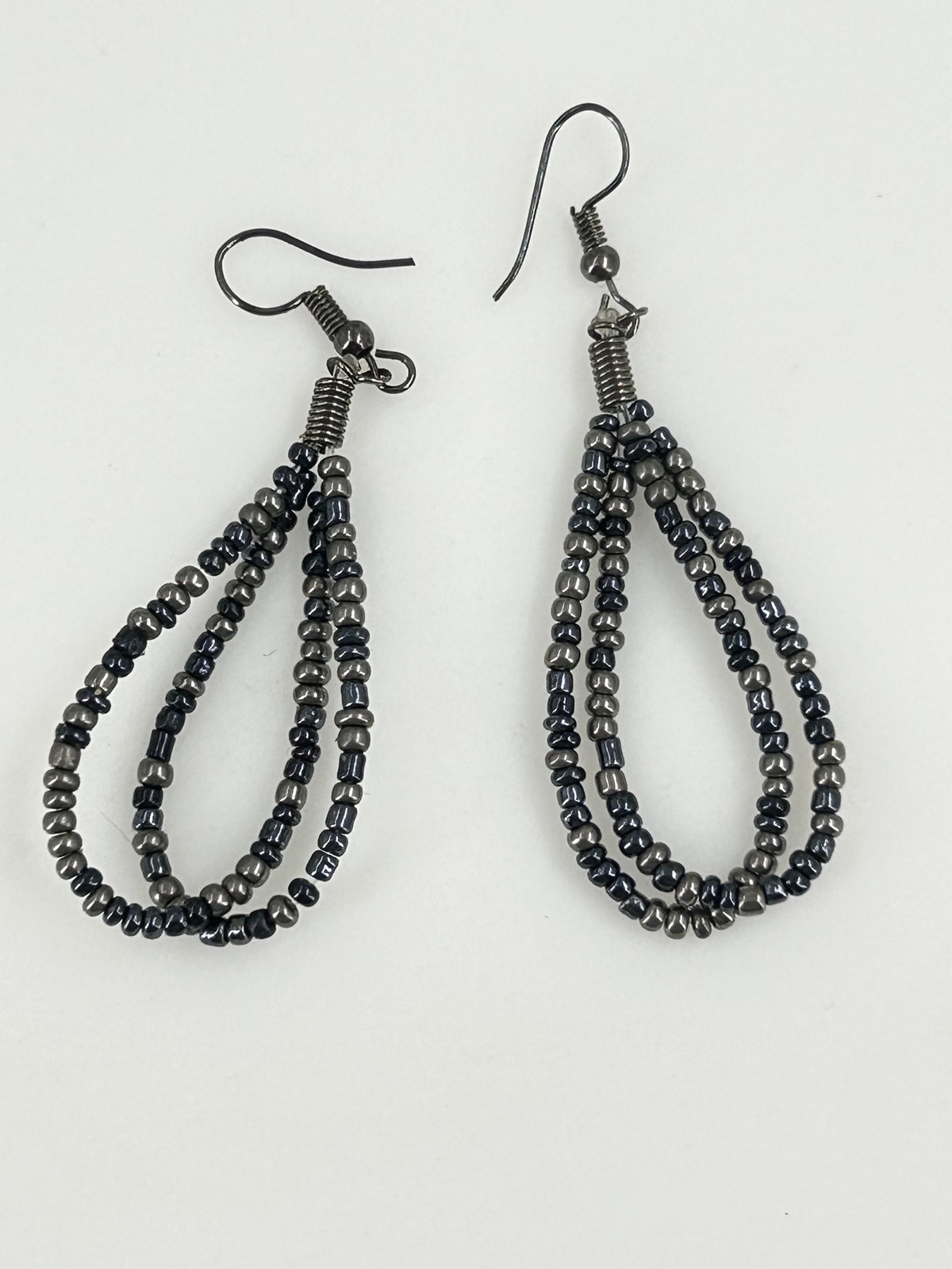 Handmade Beaded Teardrop Earrings 2.2 Inch Gunmetal Black Silver