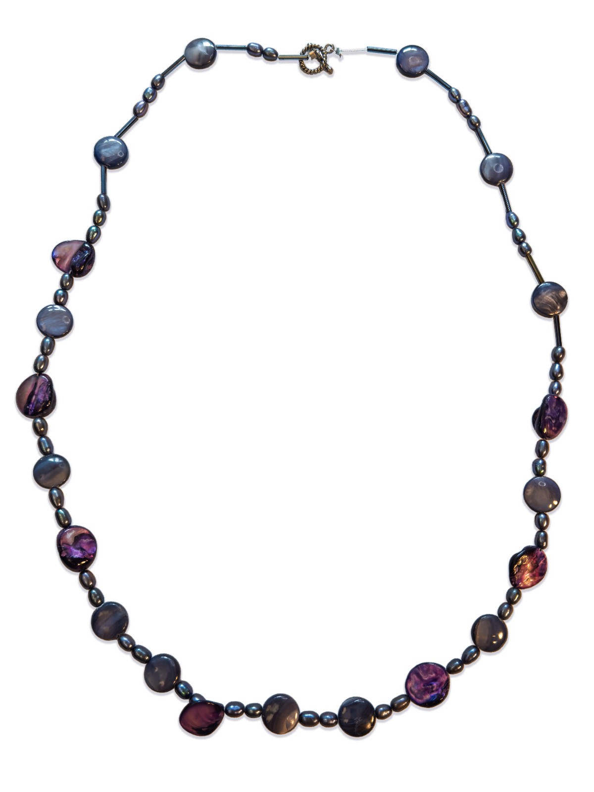 Pearl and Shell Beaded Blue and Purple Iridescent Necklace 24.25”
