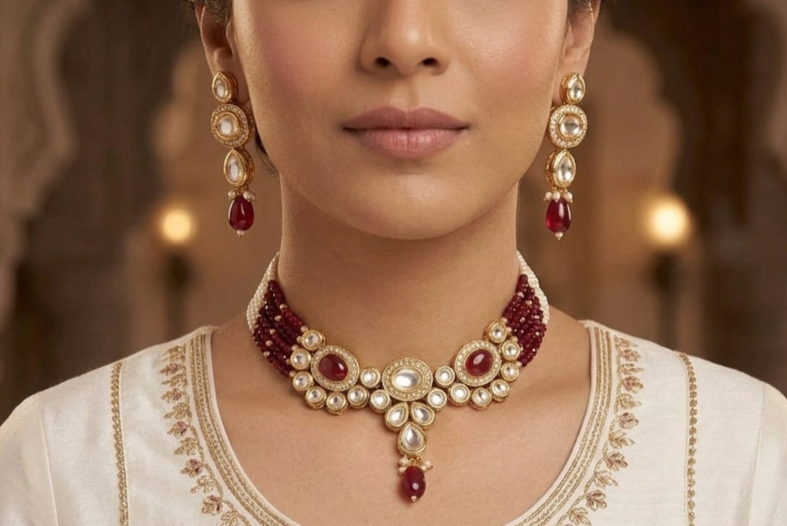 Indian Kundan Choker Necklace Set Maroon Gold Pearl Bridal Wedding Jewelry Gift