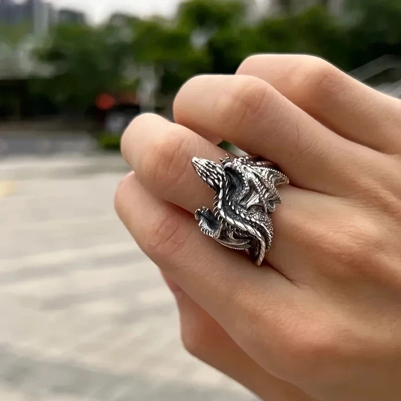 New Vintage Gothic Punk Dragon Ring Adjustable Pterosaur Wings Retro Silver Men’