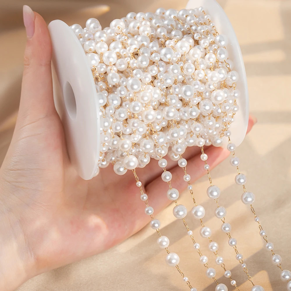 0.5M 1M Imitation Pearl Waterdrop Charm Beaded Chain Plastic Beads Copper Chains