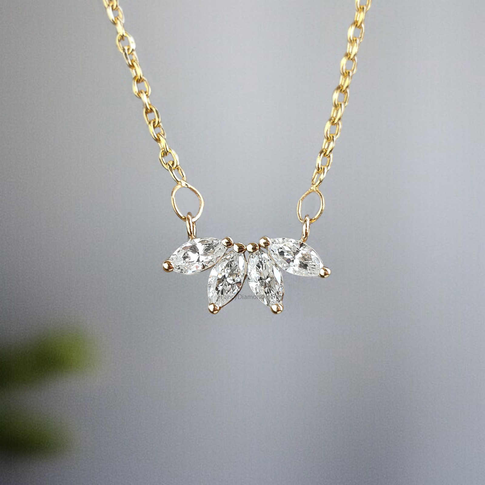 Marquise Cut CZ Diamond Flower Necklace Yellow Silver handmade jewelry Necklace