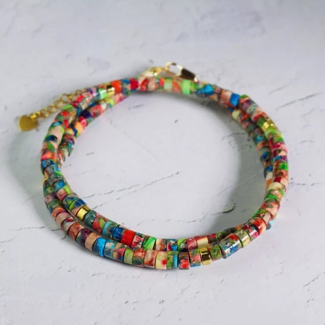 Colorful Sea Sediment Jasper Necklace Beaded Choker Healing Dainty Women Gifts