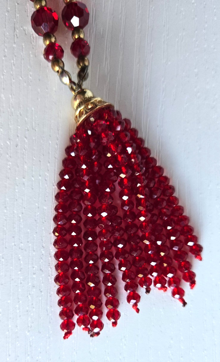 Charming Charlie Long Gold Tone Red Faceted Glass Bead Tassel Necklace 36 in