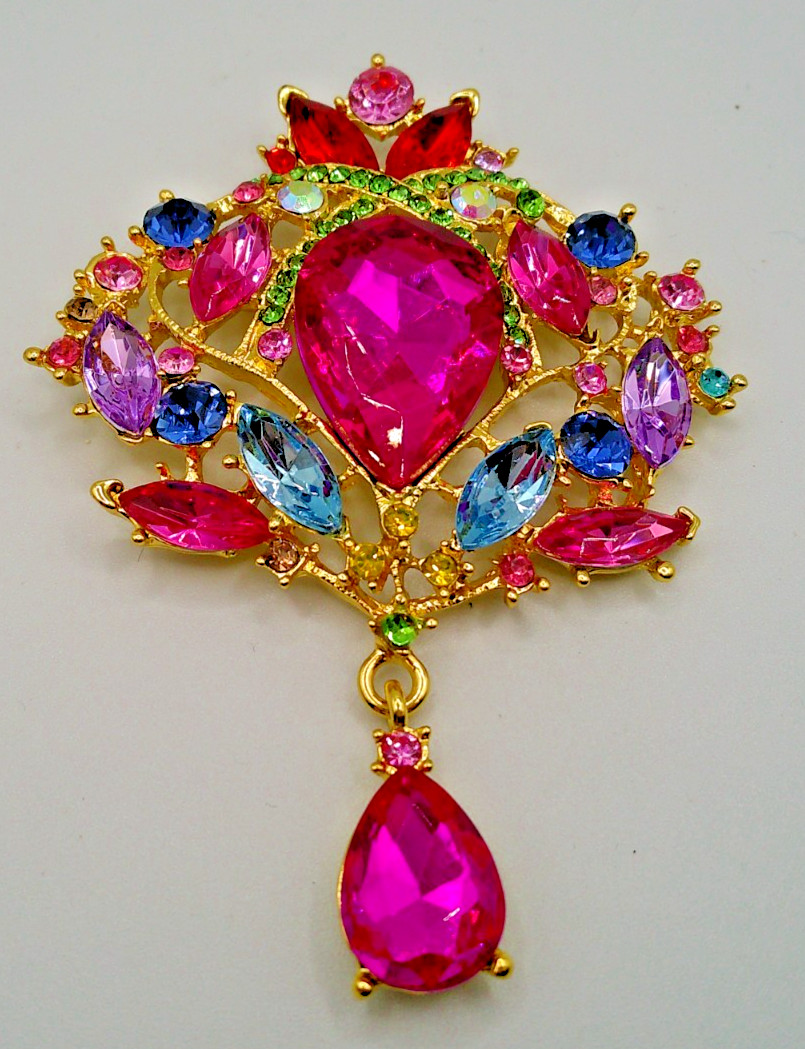 Large Rhinestone w/ dangler brooch Pin ~ Holiday Christmas ~ 3.9″ (E4)