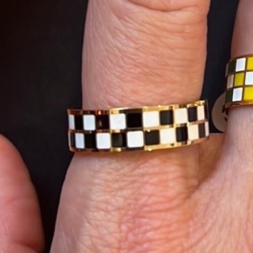Black and White Checkered 18K Gold Plated Titanium Ring Band Size 8