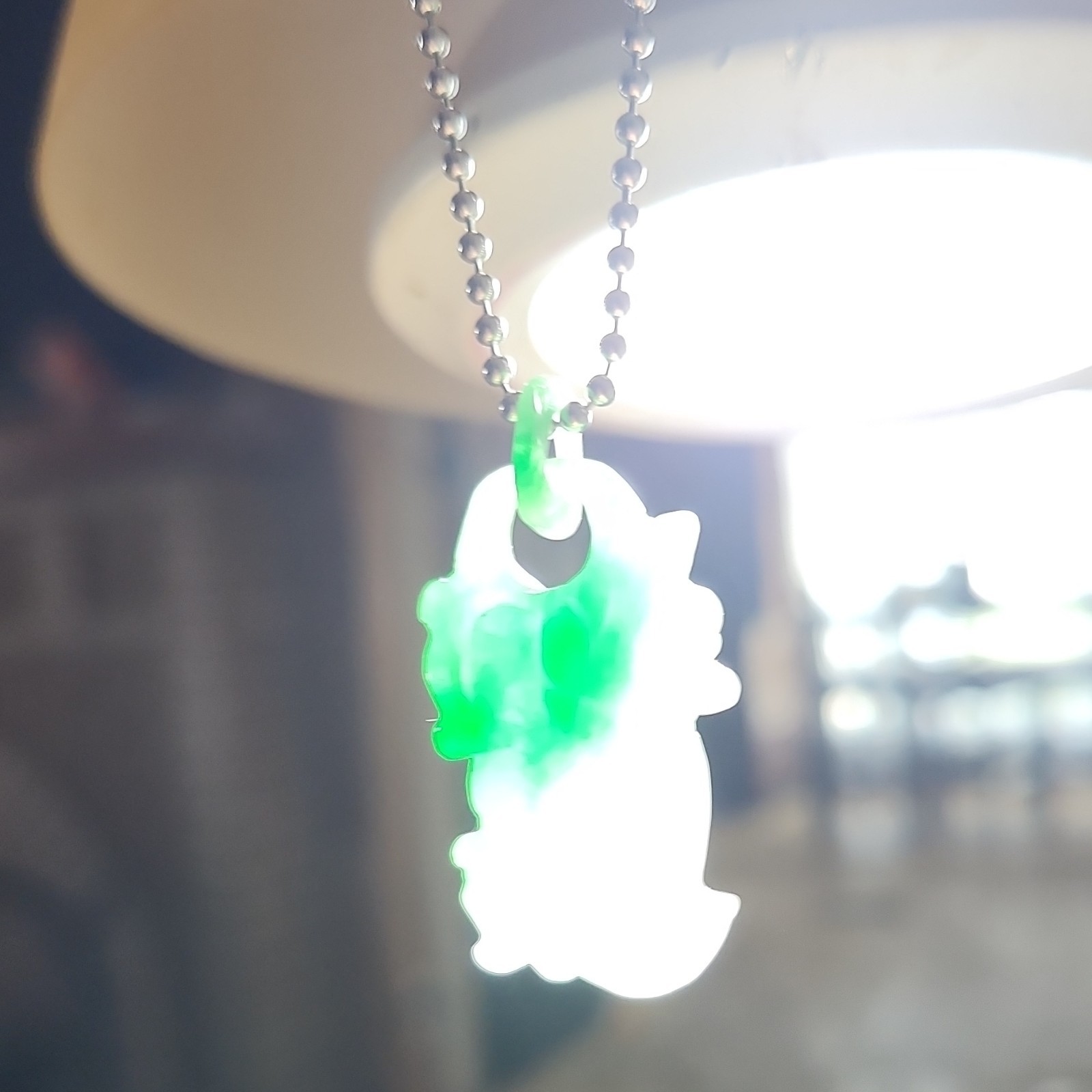 Hand Carved Jadeite Gr/Wh Snow Moss Dragon Carp Pendant 925 SS Ball Chain 18″