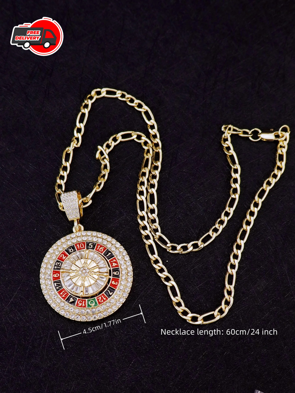 Gold Roulette Spinning Center /Casino Poker Cards Pendant Necklace Cuban Chain