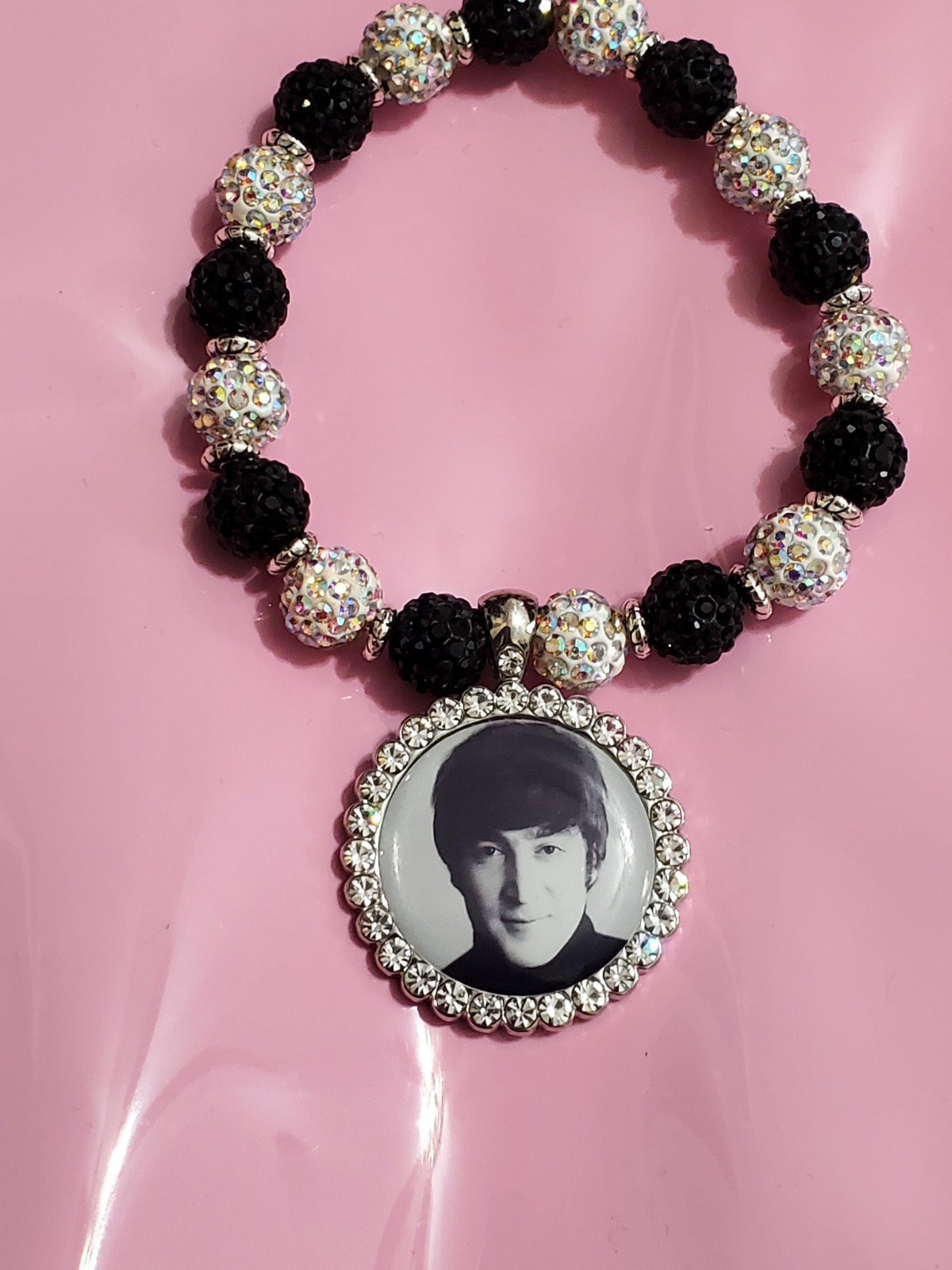 John Lennon Bracelet bling beads rhinestones Very pretty Black White silver