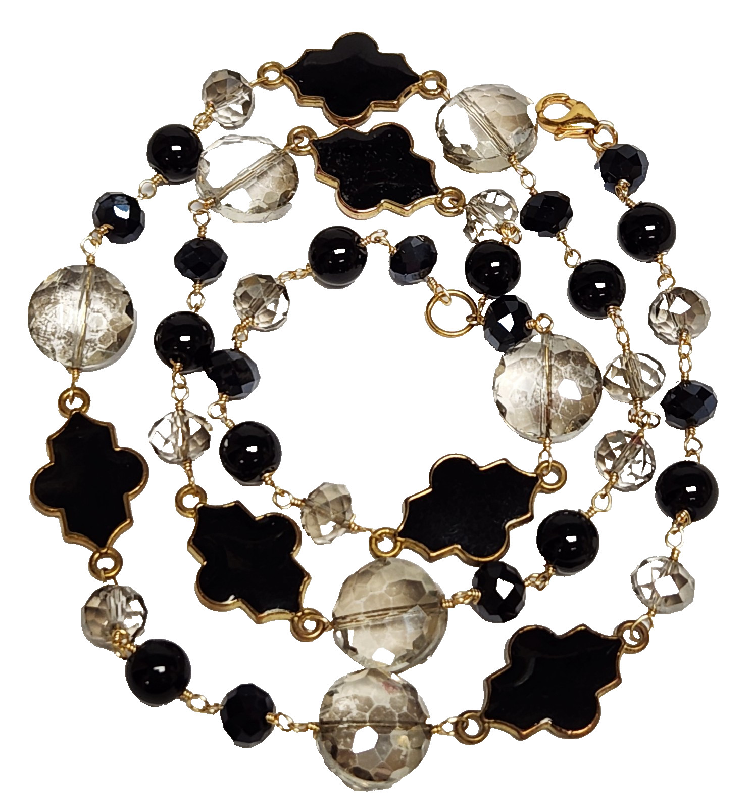 Gilt Sterling Silver Gray & Black Crystal Bead Quatrefoil Motif Necklace 27.5″