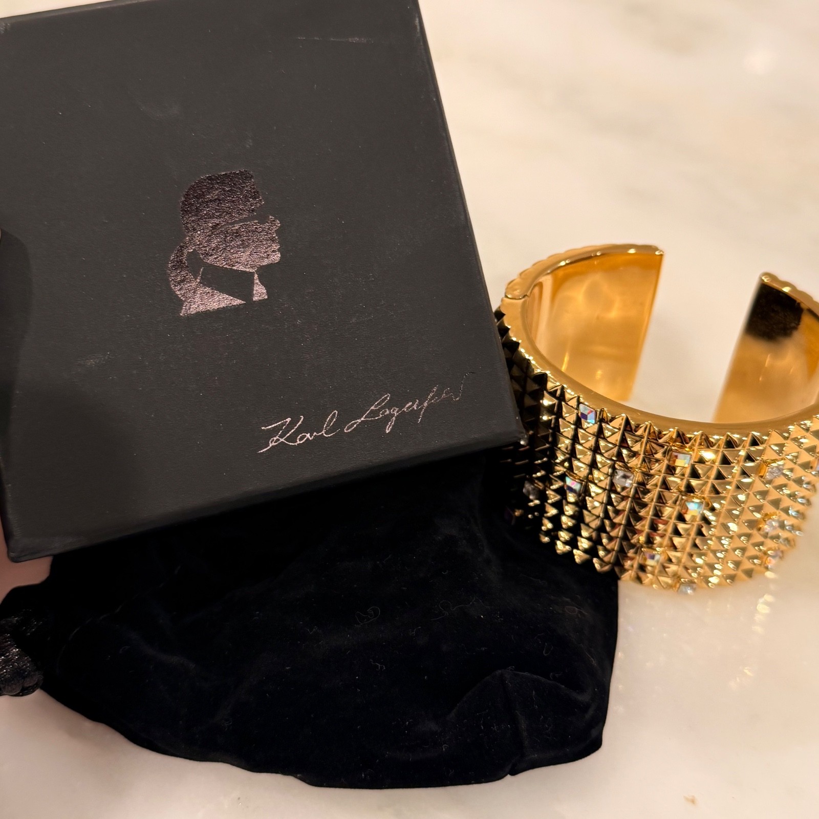 Karl Lagerfeld 11-row Pyramid Stud & Crystal-Embellished Hinged Cuff – SM