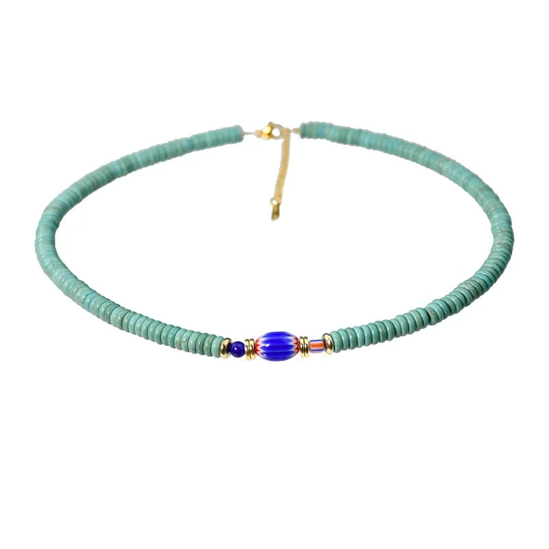 VIVID SINGLE STRAND TURQUOISE BEADS AND GLASS CRYSTAL PENDANT BEADED NECKLACE