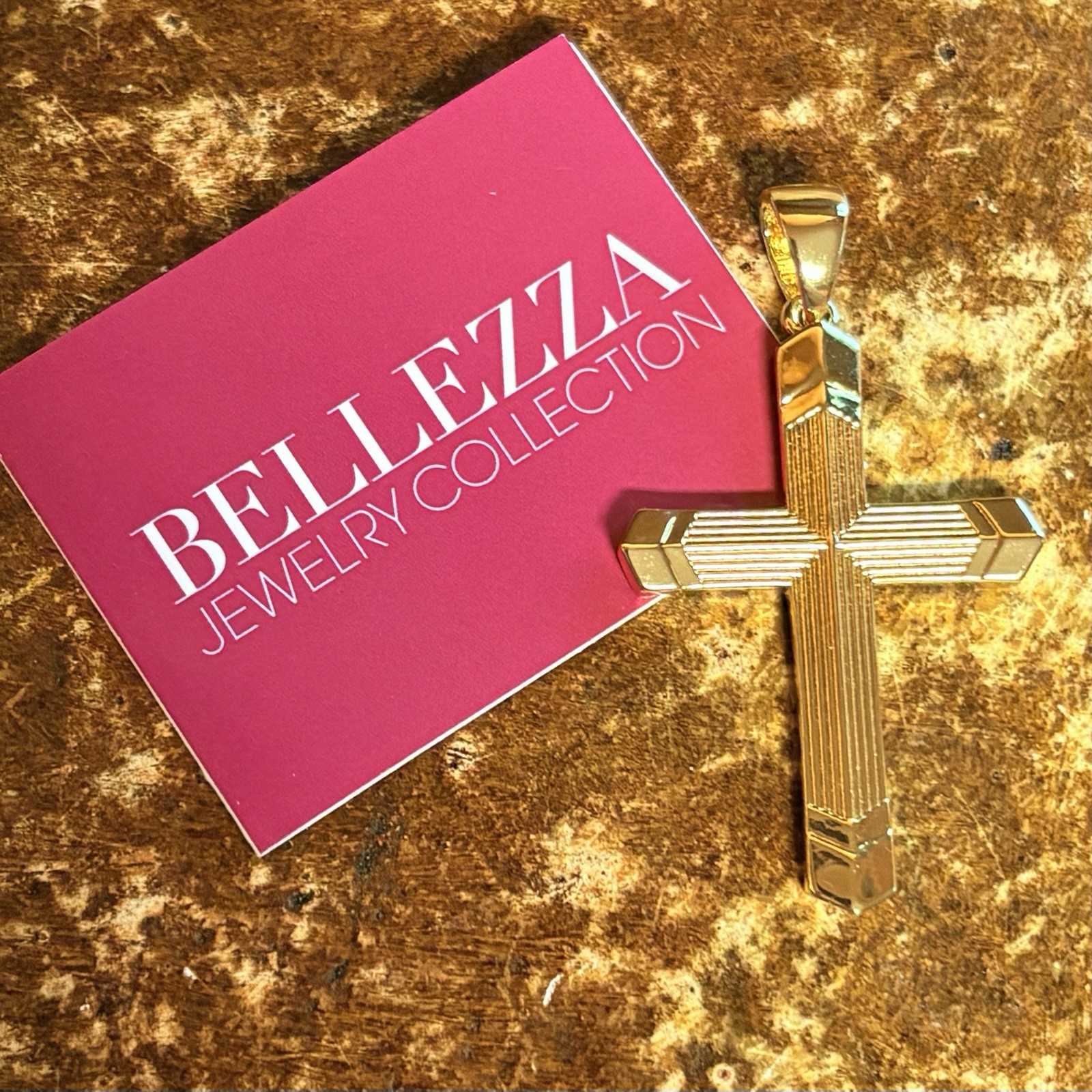 Italian Itaor Bellezza Cross Pendant Gold Plated w/ Line Texture Made in Italy