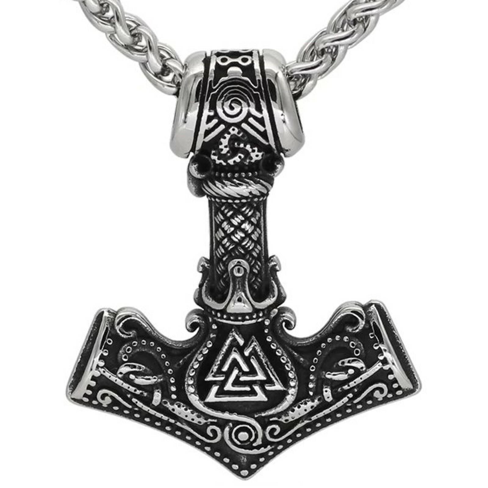 Norse Valknut Thors Hammer Necklace Silver Stainless Steel Viking Pendant Chain