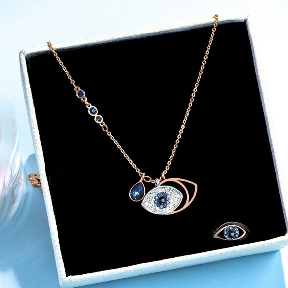 ZARD Women Duo Evil Eye CZ Pave Pendant Rose-Gold Tone Stainless Steel Necklace