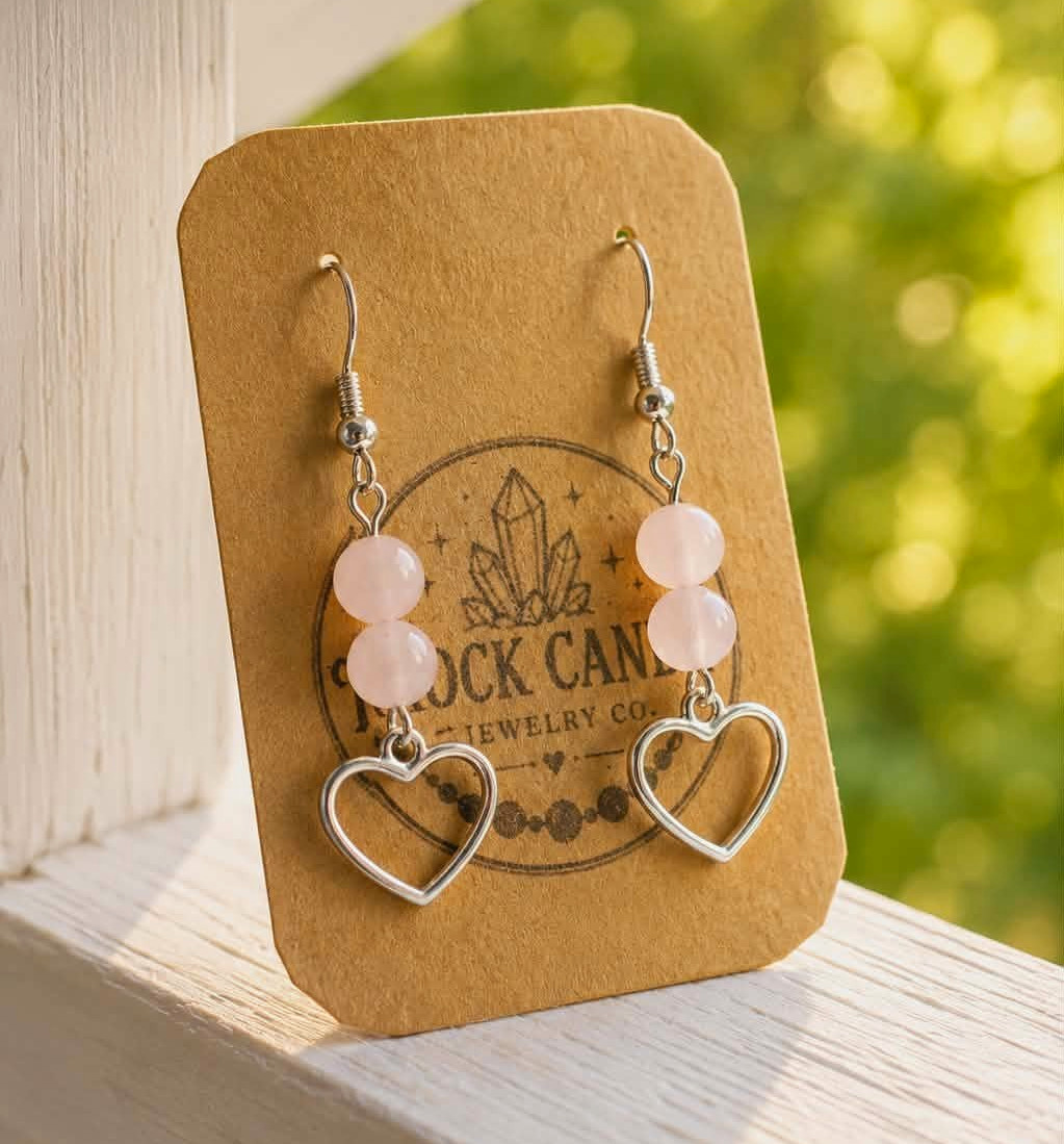 Handmade Rock Candy Jewelry Co. Rose Quartz Heart Dangle Hook Earrings