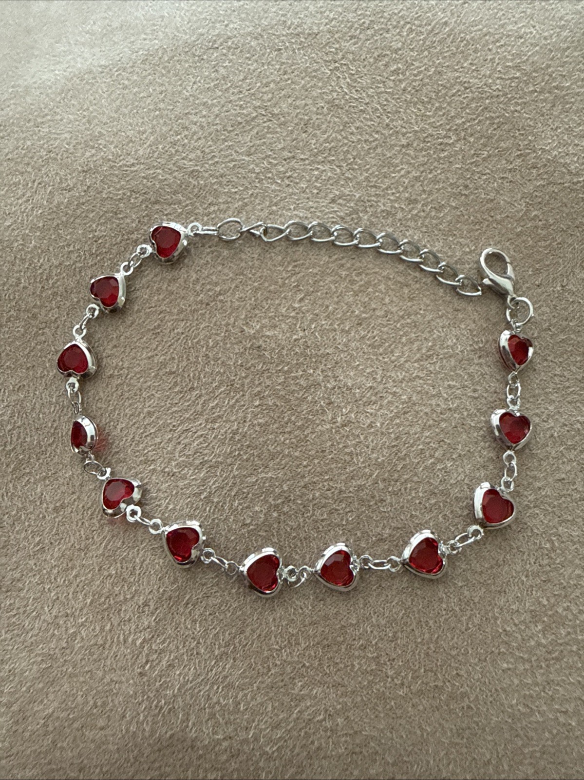 Pretty “12”Red Colored Glass Heart Stones On A Zinc Alloy Silver 8-1/4” Bracelet