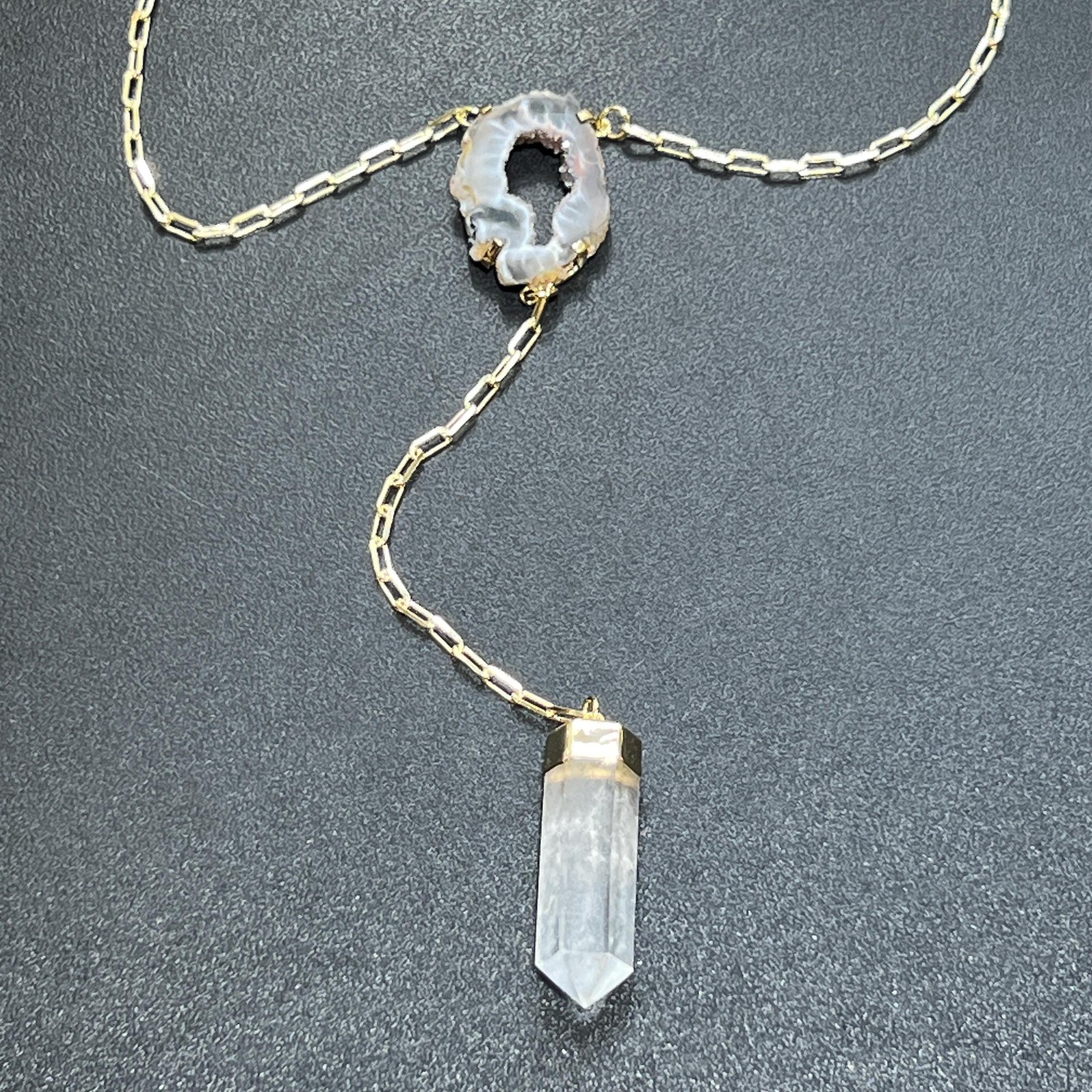 Quartz and Oco Geode Extra Long Lariat Y Drop Necklace (Gold Plated)