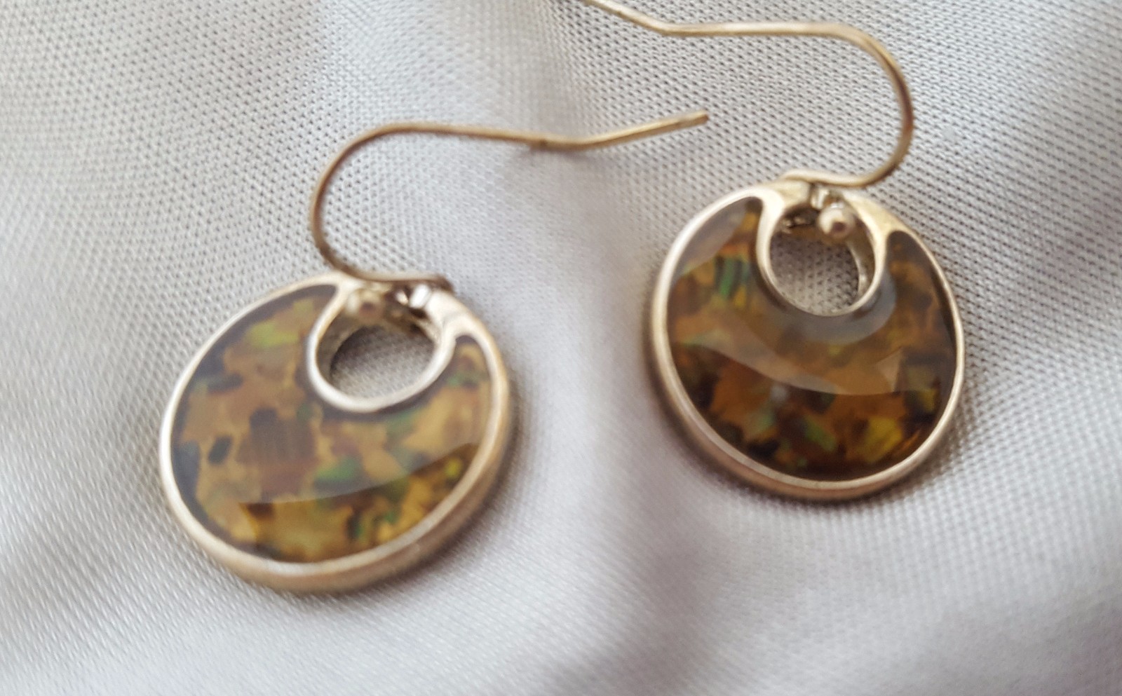 Earrings Hook Circle Moon Shape Glass and Metal Bronze Yellow Green Specked