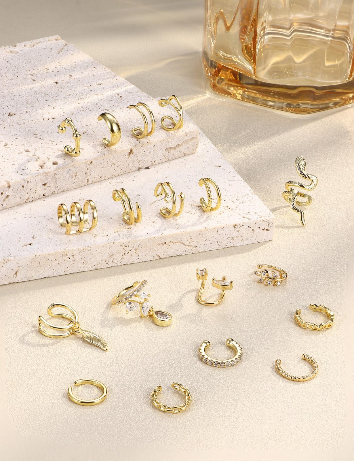 18 Pcs Non-Piercing Ear Cuff Earrings Set – Adjustable 14K Gold Plated Helix Jew
