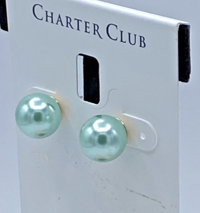 Charter Club Gold Tone Mint Green Imitation Pearl Stud Earrings 10 mm NOS