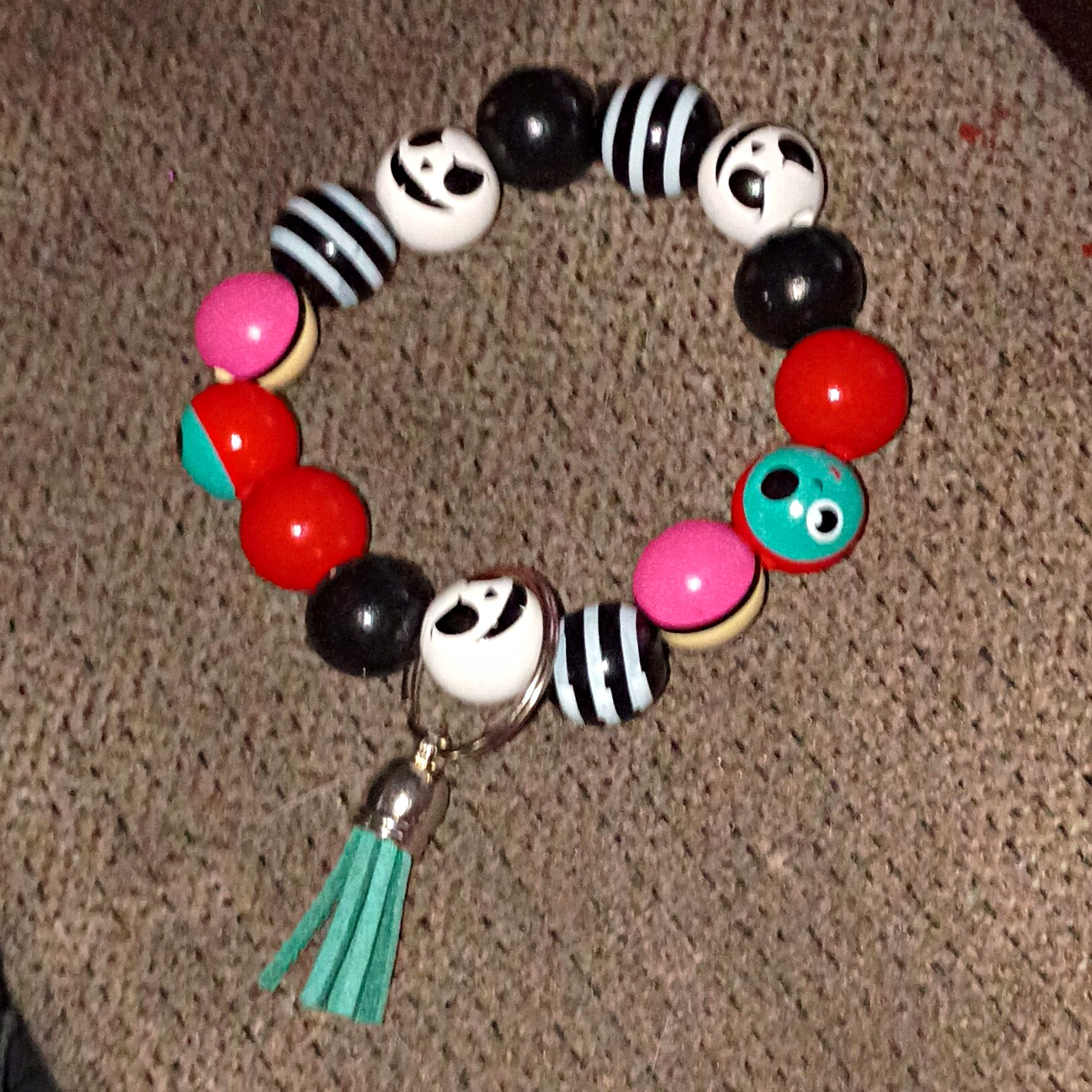 Multicolor Plastic Round Beaded Charm Stretch Bracelet w/ Tassel Dangle