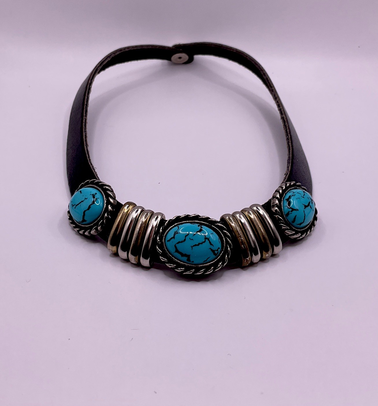 Vintage 1980s Black Leather Choker Necklace – 17” Faux Turquoise Statement Colla
