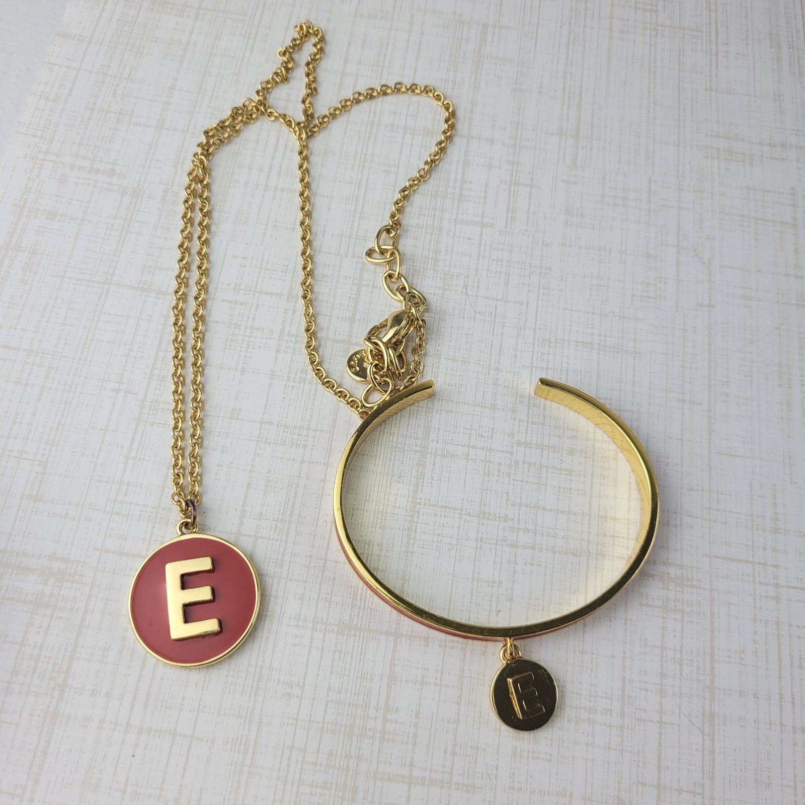 Talbots Gold Tone Red Enamel Letter E Inital Necklace & Bracelet Set 24″
