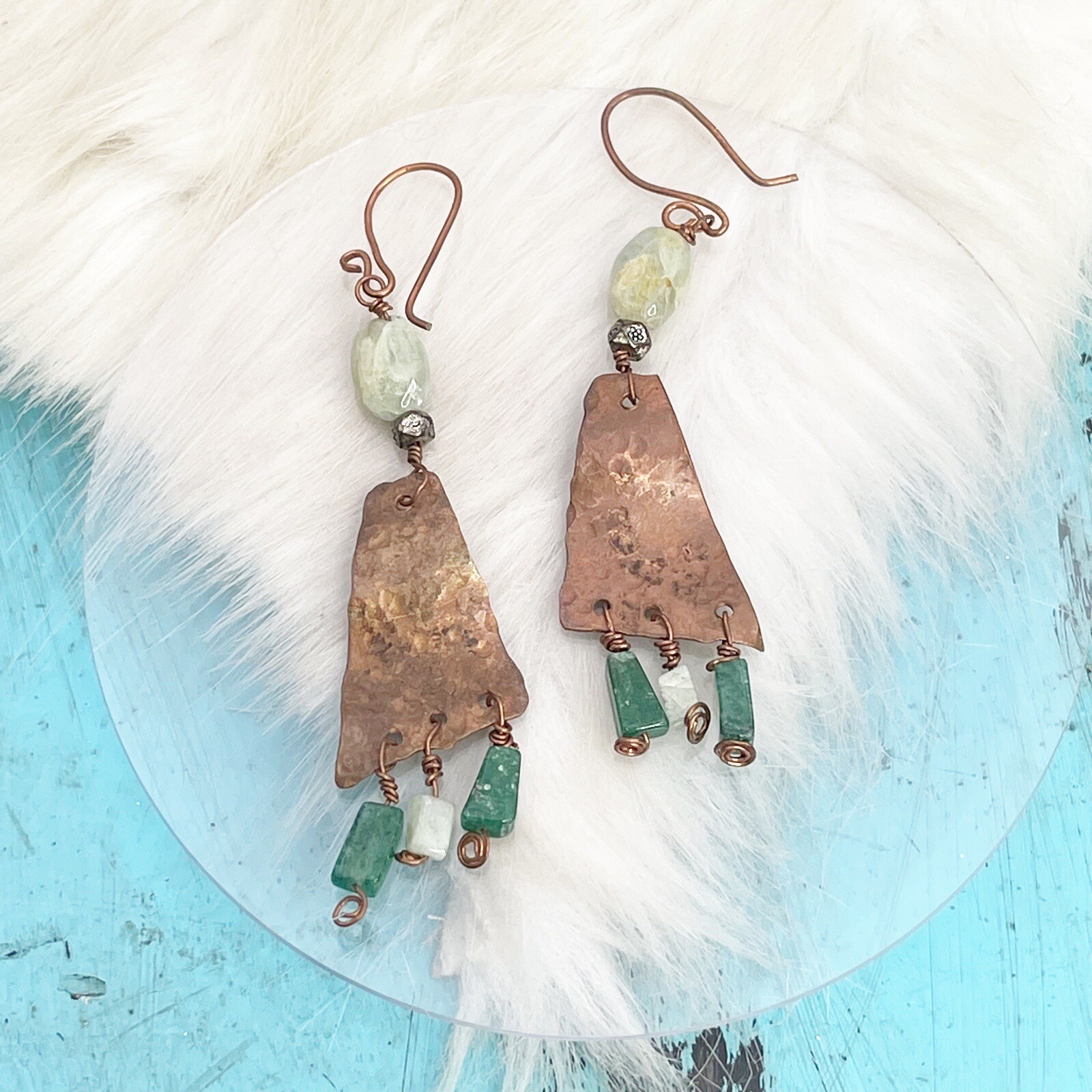 Artisan Hammered Copper Dangles Green Jade Gemstone Earrings French Hook