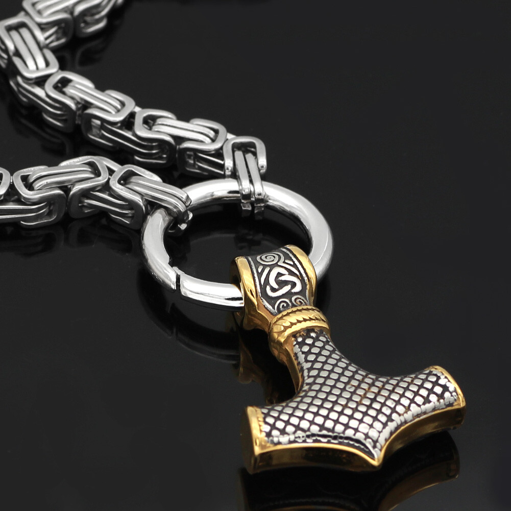 Men’s Stainless Steel Nordic Viking Wolf &Thor Hammer Mjolnir Pendant Necklace