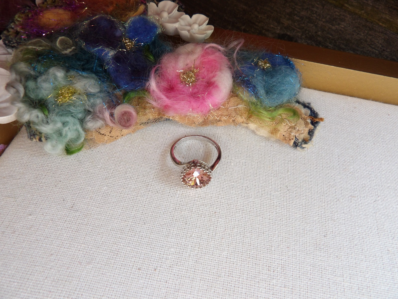 sterling silver ring, salmon pink crystal, new, stamped