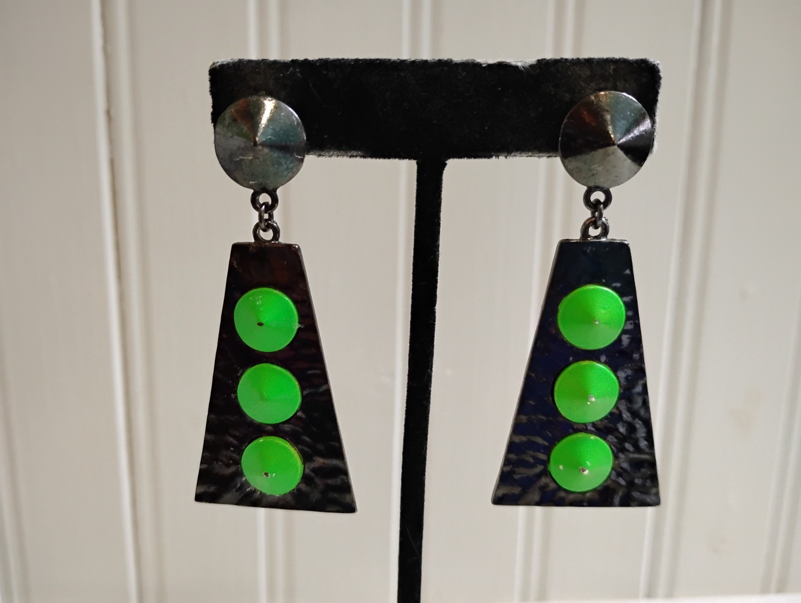Green Enameled Gun Metal Gray Trapezoid Drop Dangle Post Pierced Earrings