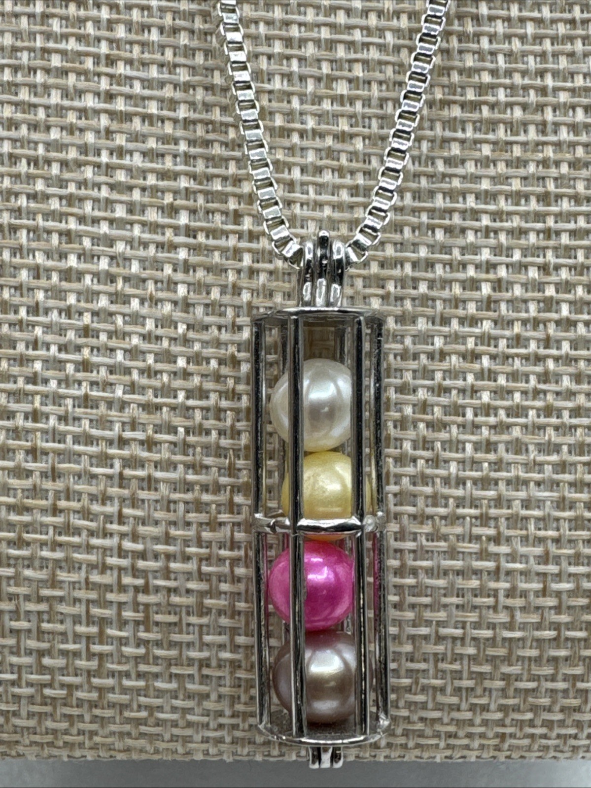 925 Silver Cylinder Cage Pendant 4 Faux Pearls & 925 Silver 23” Necklace