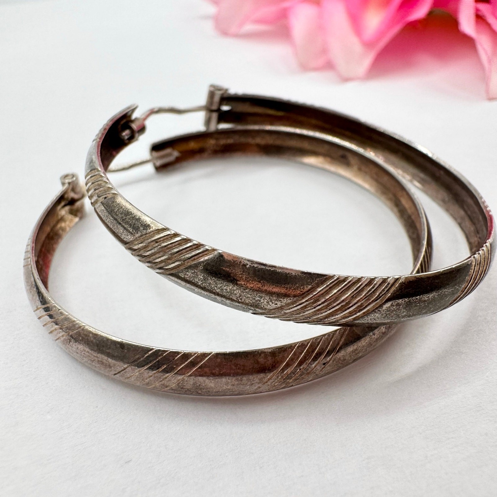 Italy Striped Etched Silver Hoop Earrings Patina 2” 8.00 Grams Acid Tested