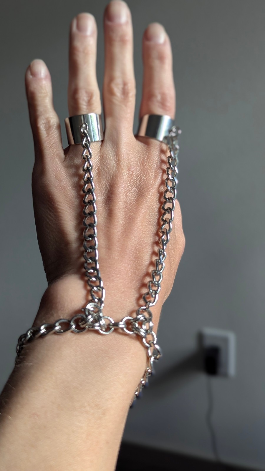 Silver Tone Hand Chain Bracelet Double Ring Slave Bracelet Adjustable Gothic