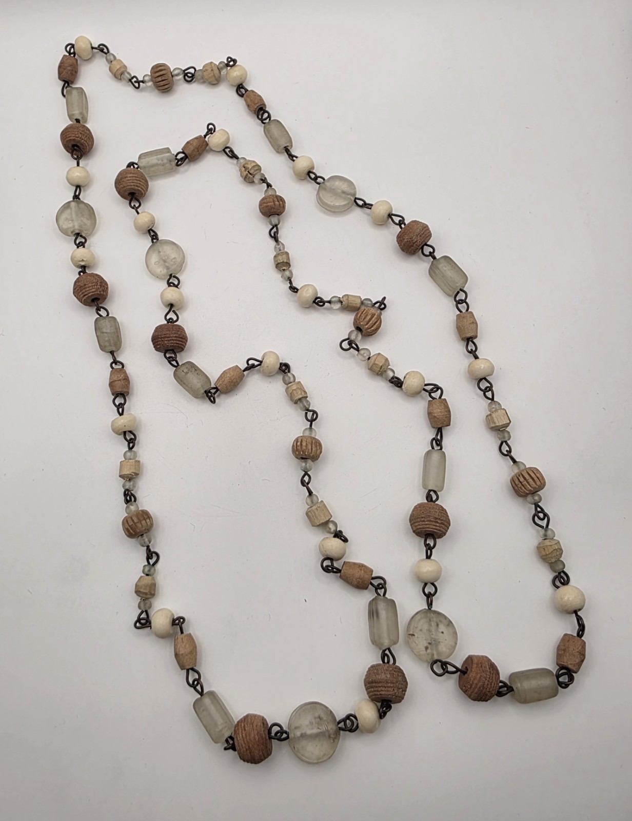 Wood & Glass Bead & Wire Necklace No Clasp 52.5 Inches Pre-owned