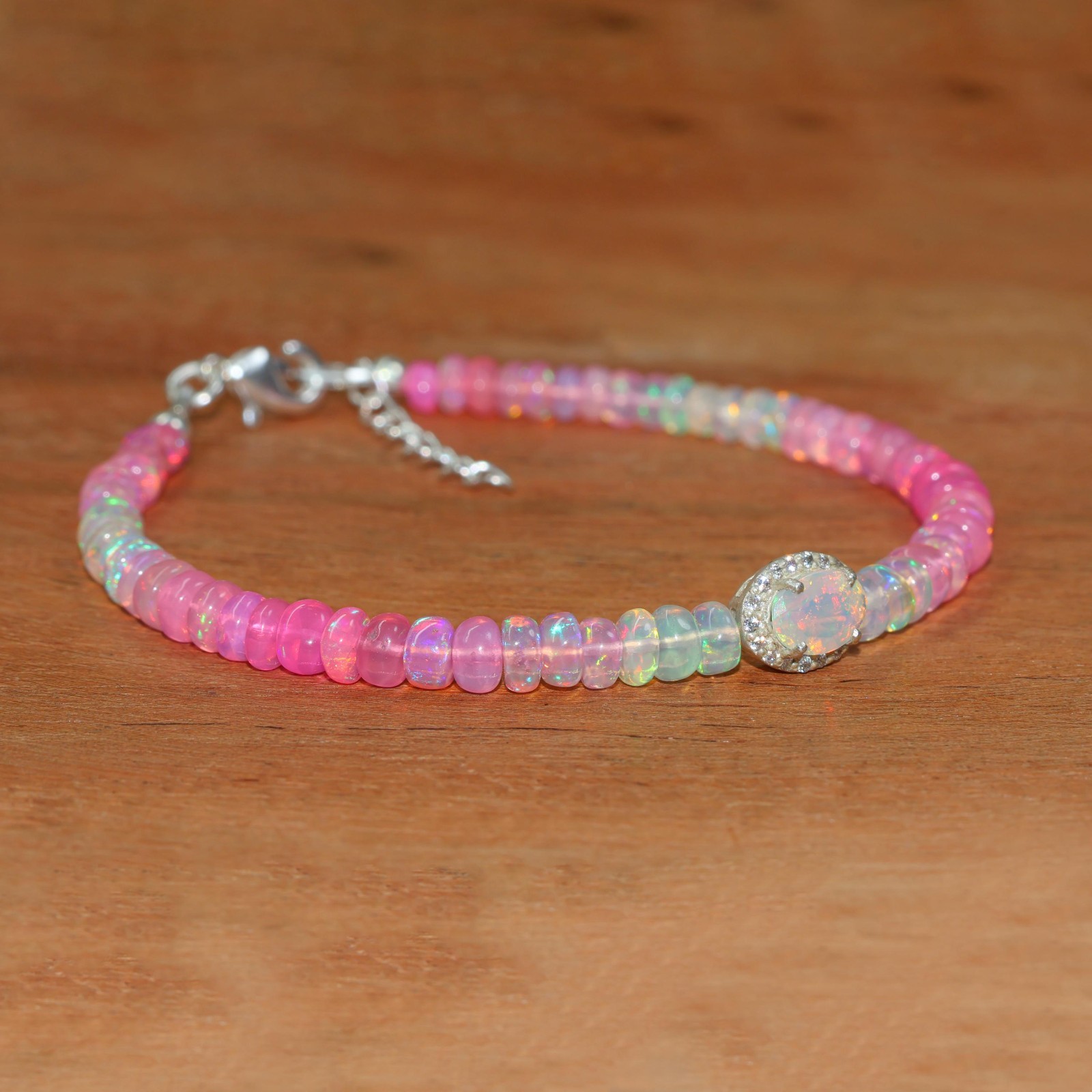 Pink Opal Gemstone Shaded Beaded Bracelet, Ethiopian Fire Opal Oval Bracelet