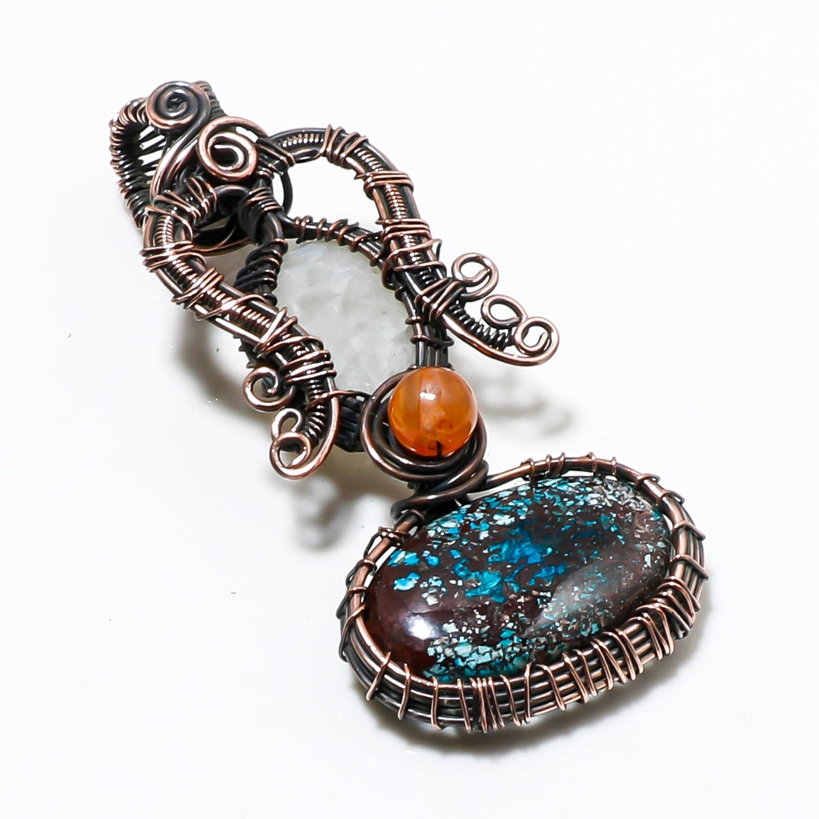 Wire Warp Copper Chrysocolla Moonstone Gemstone Pendant Jewelry Pendant Size 3
