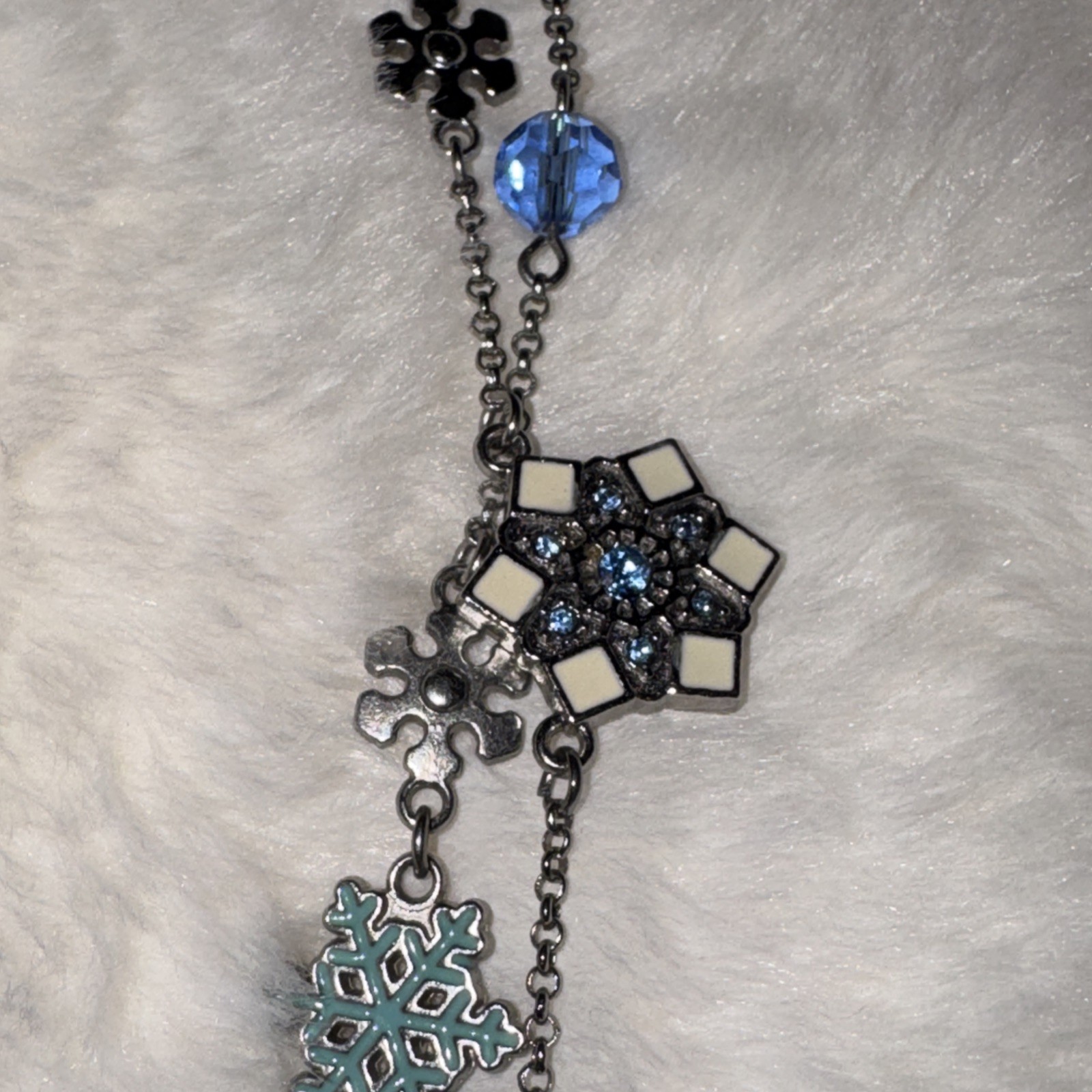 Vintage January Snowman Snowflake Layering Necklace 36 Inches Rhinestone Enamel