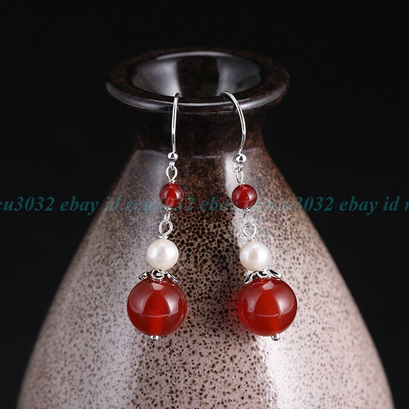Natürlich 6-10mm Rot Jade Edelstein Rund & Weiß Perlen Dangle Haken Ohrringe
