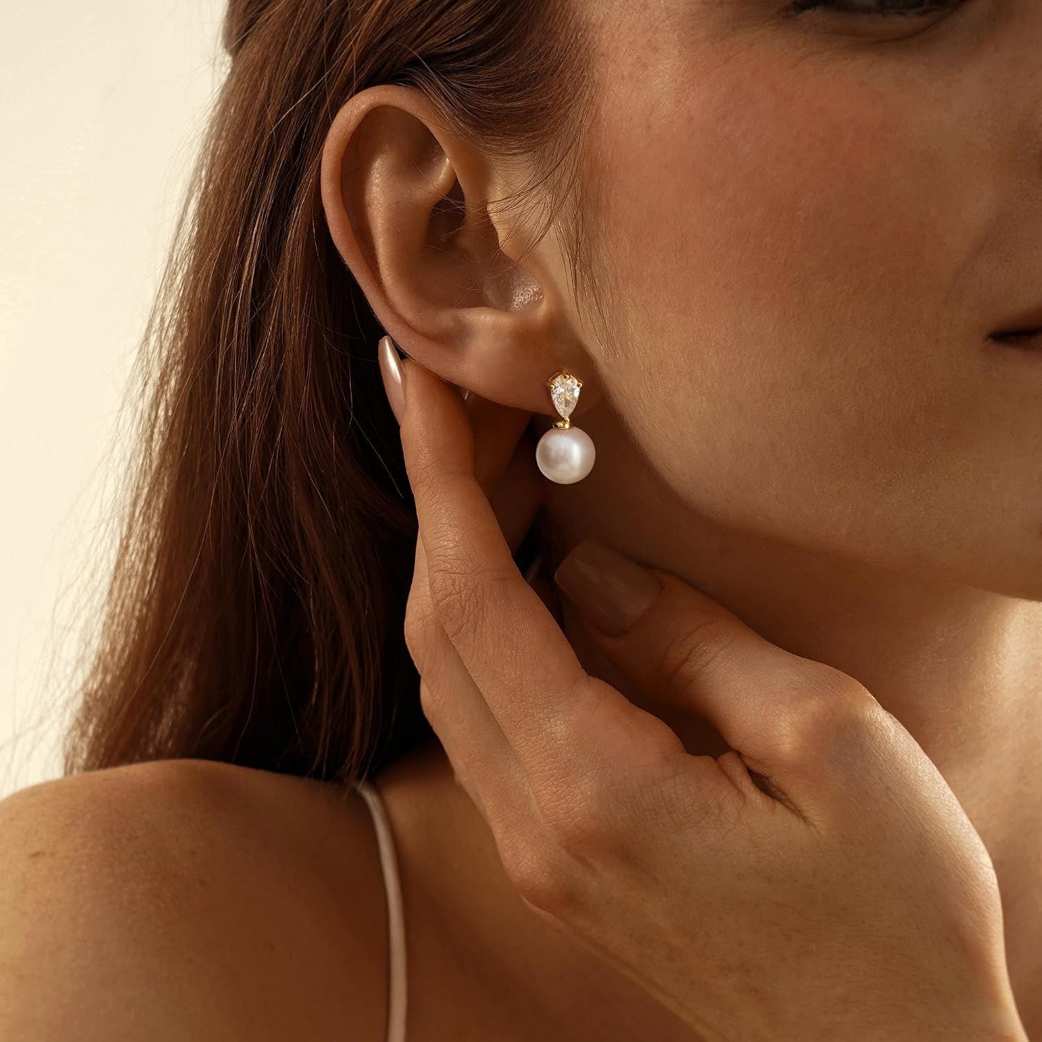Pearl Earrings for Women, Dainty Wedding Bridal Earrings 14K Gold Plated CZ Pear