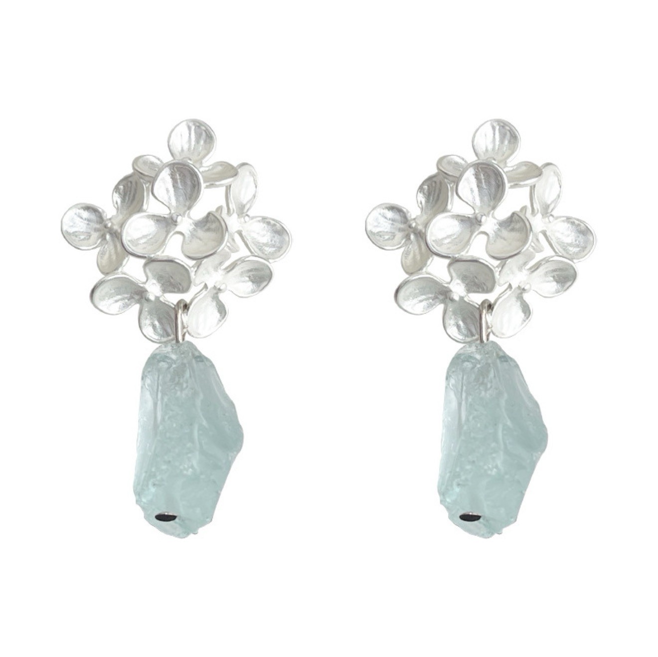 Handmade Floral Dangle Earrings Natural Aquamarine Rough 925 Silver Posts Only