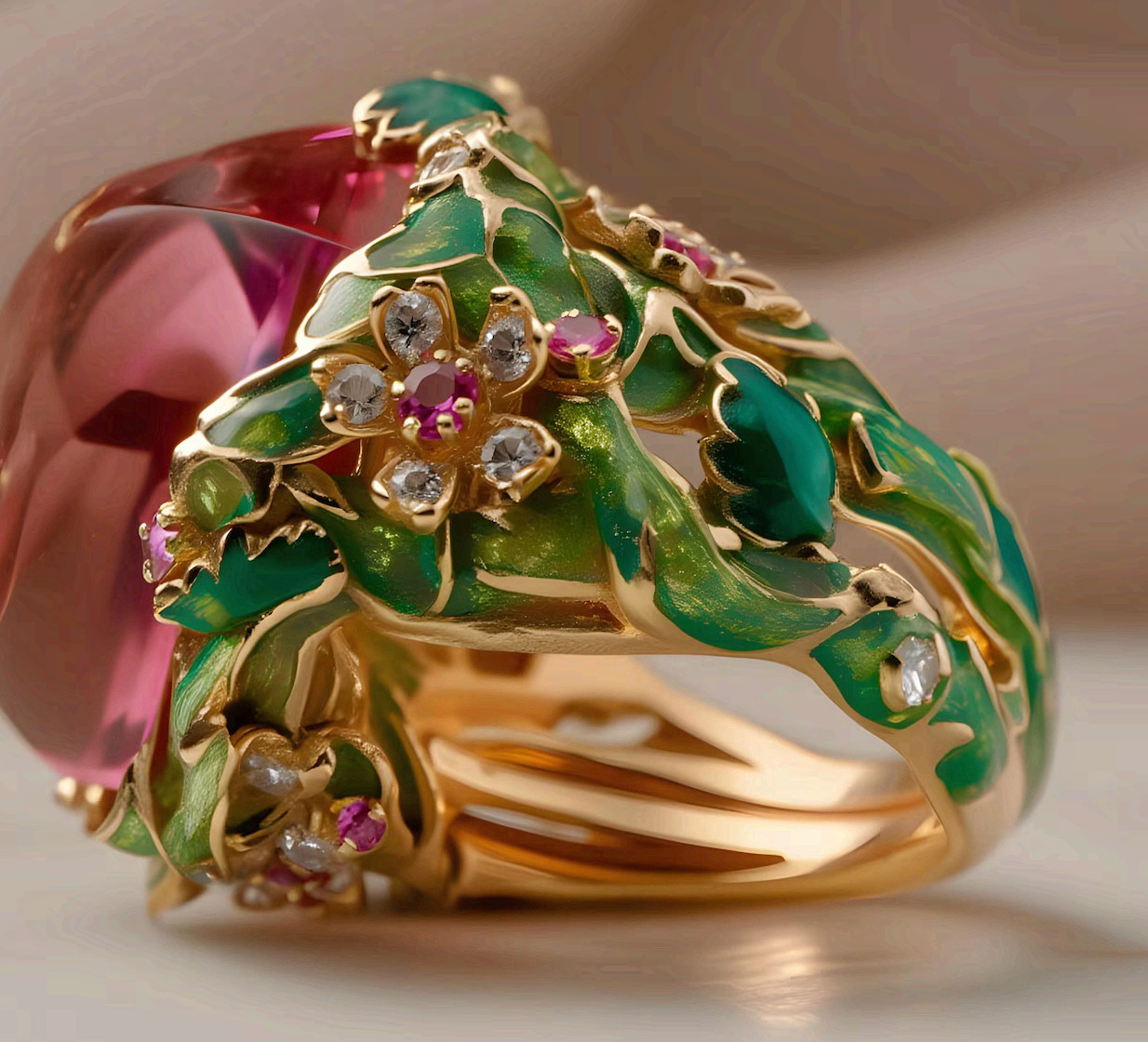 Copper Flower Cocktail Ring Red Cubic Zirconia Handmade Statement Band