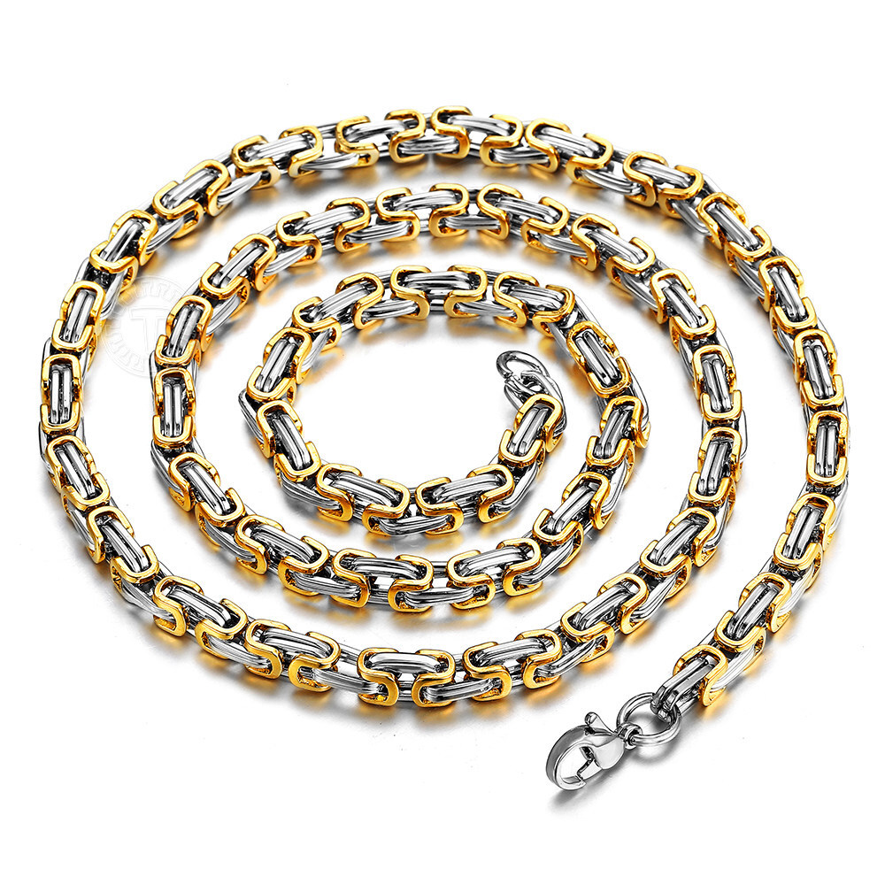 5mm wide Men Necklace Byzantine Box Chain Gold Plated Titanium steel 18-36 inch