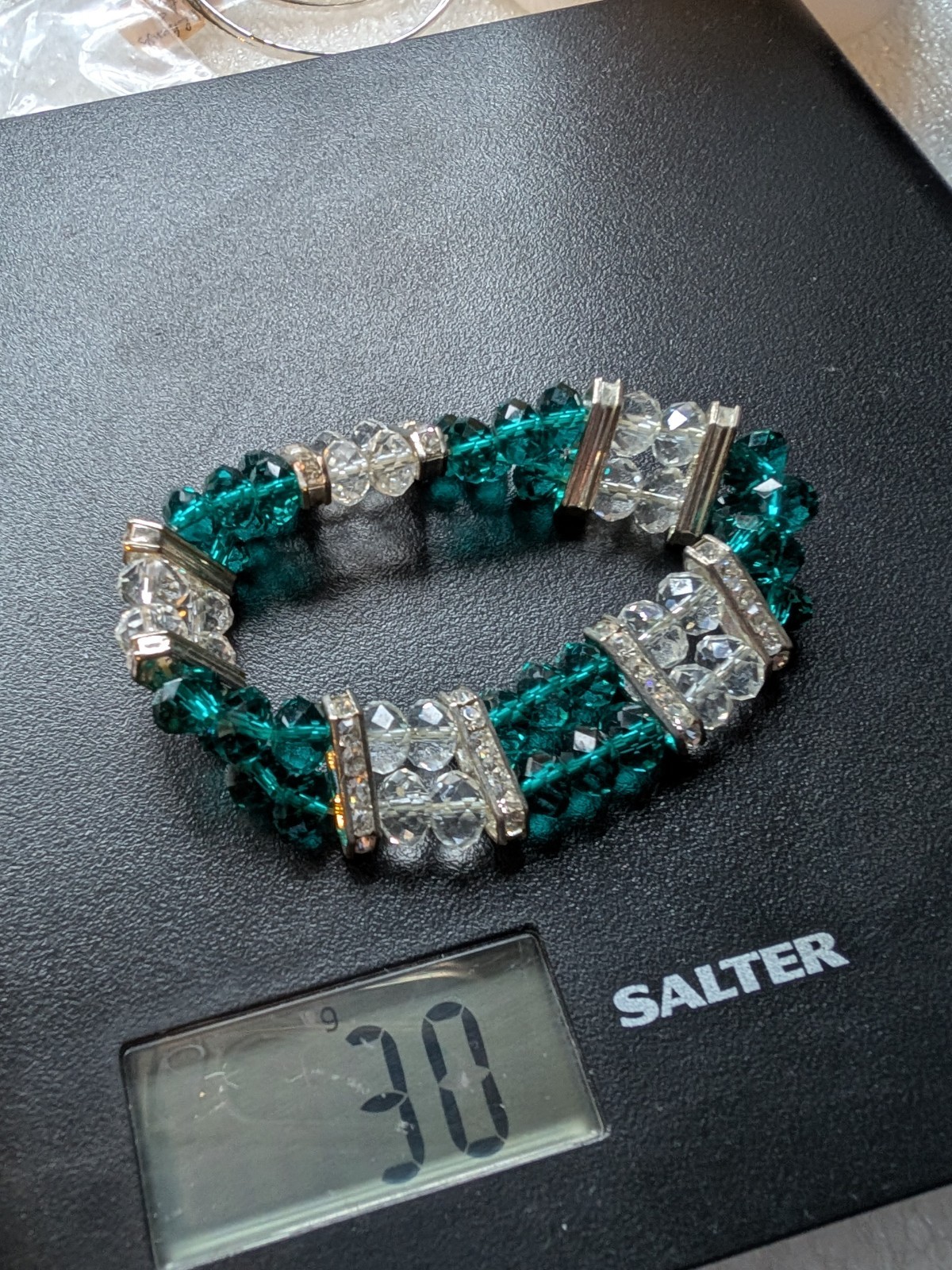 Vintage Green & Clear Beaded + Silver Crystal Spacers Elasticated Bracelet 30g