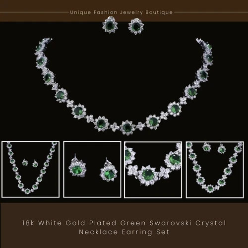 18k White Gold Plated Green Tennis Necklace Earring Set Made Simulated