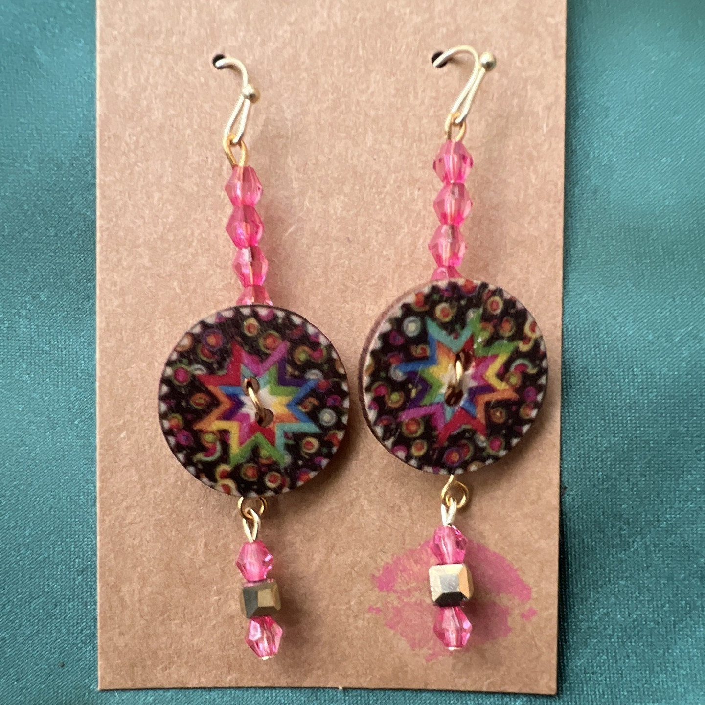 Multicolor Round Disc Beaded Dangle Drop Hook Earrings Pink Plastic Beads
