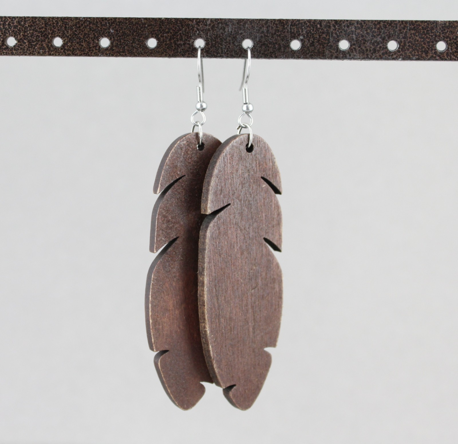 dark Brown wood feather earrings dangle lightweight wood 3 5/8″ long leaf